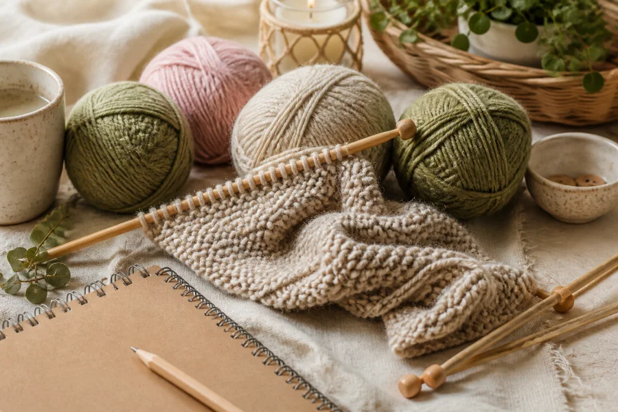 Knitting yarn and needles for a beginner evening project